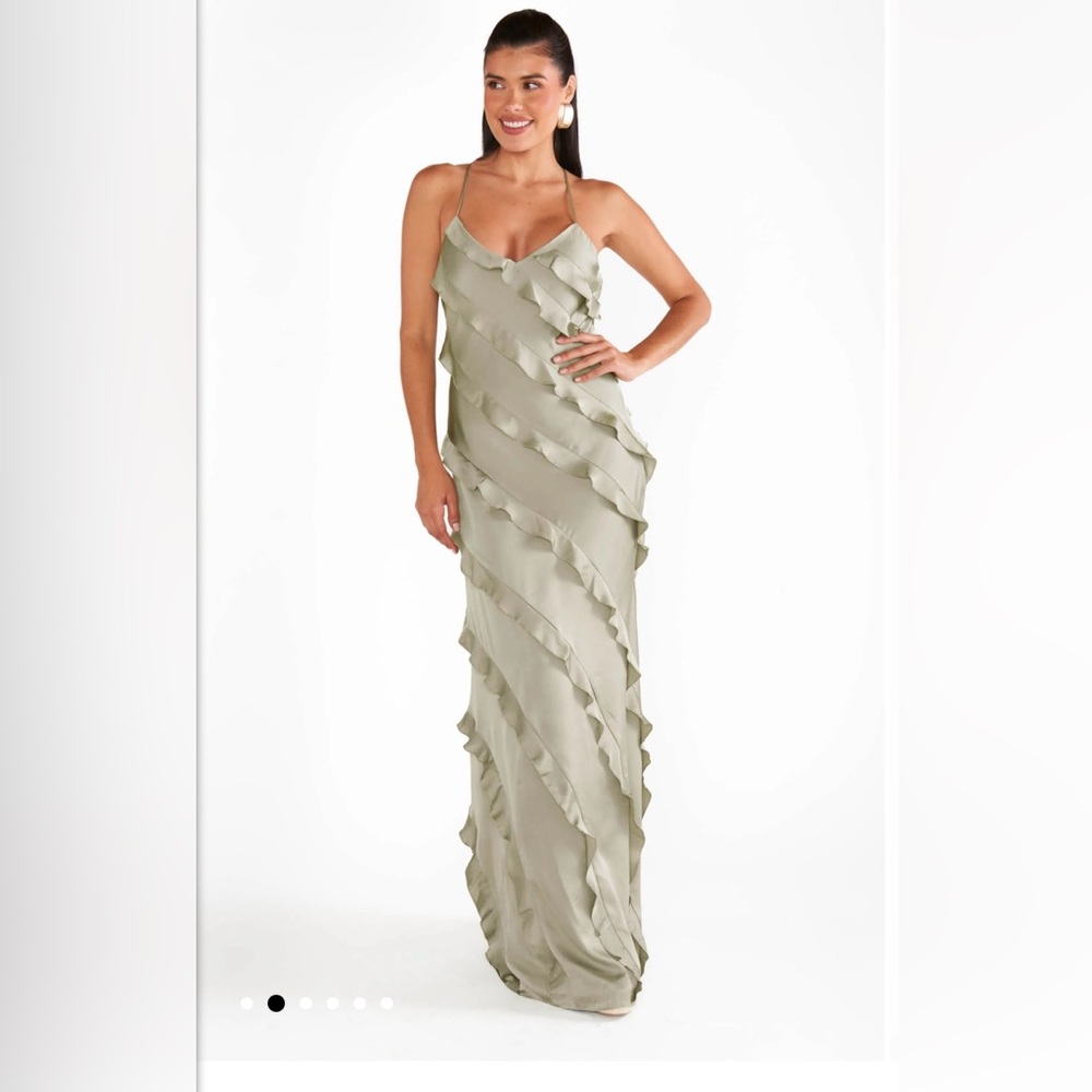 Show Me Your Mumu Romance Ruffle Dress in Moss Green Luxe Satin